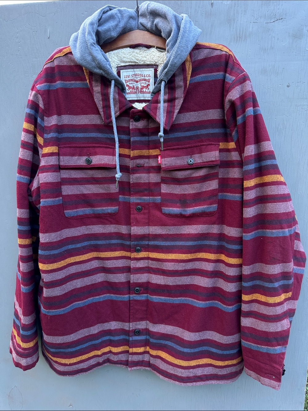 Levi's Men's Maroon Multicolor Striped Button-Front Hooded Shirt Jacket